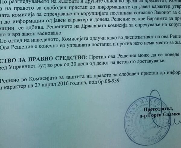 Одговорот што го доби БИРН на поднесената жалба на одлуката на Антикорупциската комисија