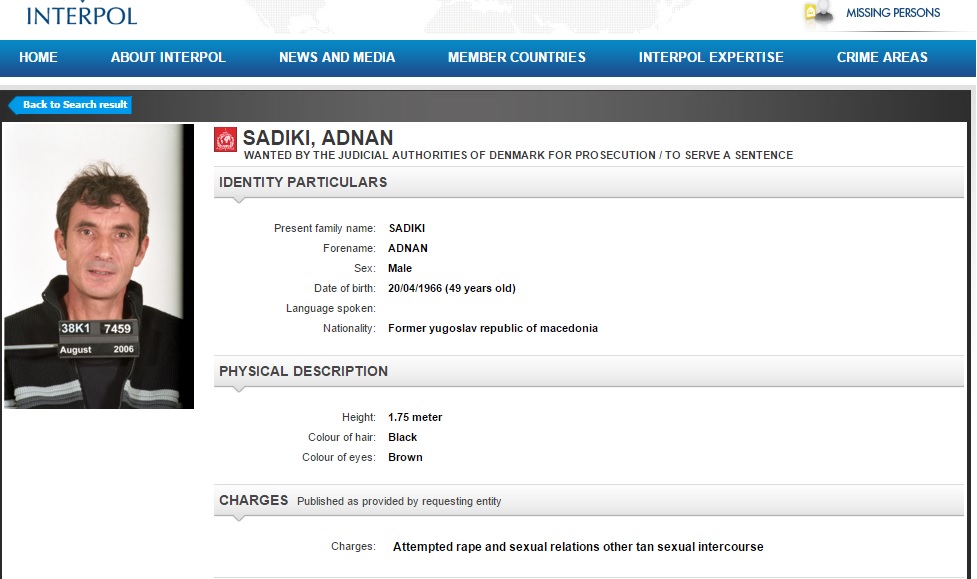 Активната потерница по Аднан Садики објавена на официјалната веб страна на Интерпол